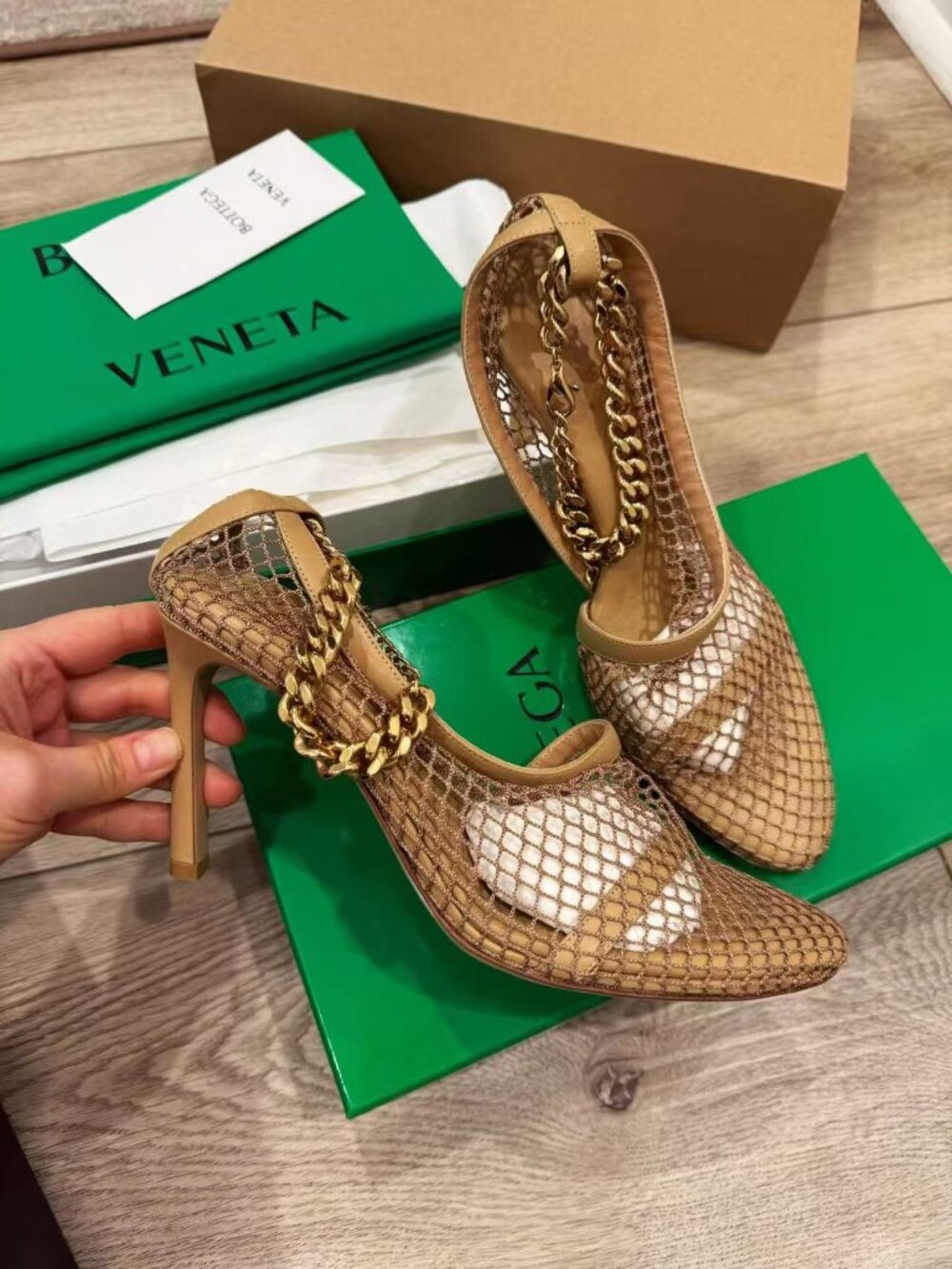 NIB Authentic Bottega Veneta Mesh Chain Heeled Sandals
